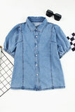 Short Bubble Sleeve Snap Button Denim Shirt