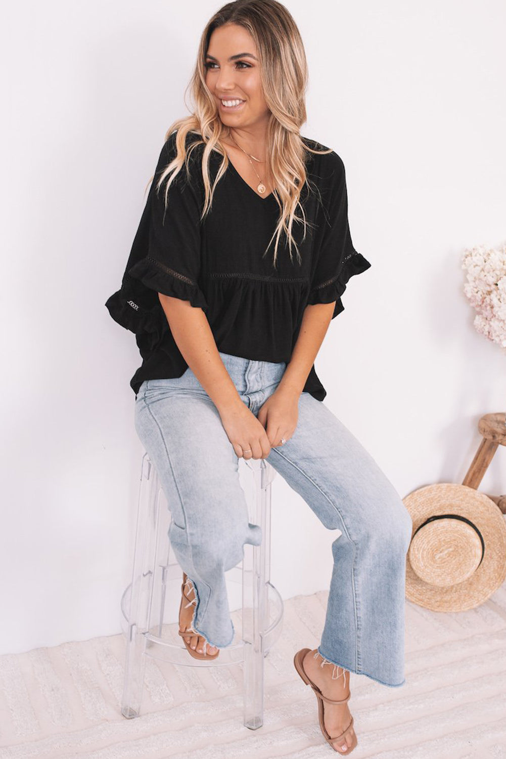 Ruffled Lace Detail Loose V Neck Top