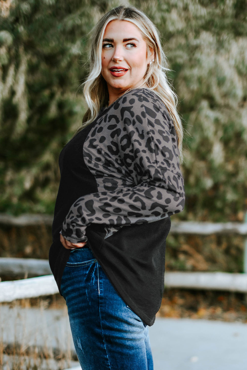 Leopard Raglan Sleeve Waffle Knit Plus Size Top