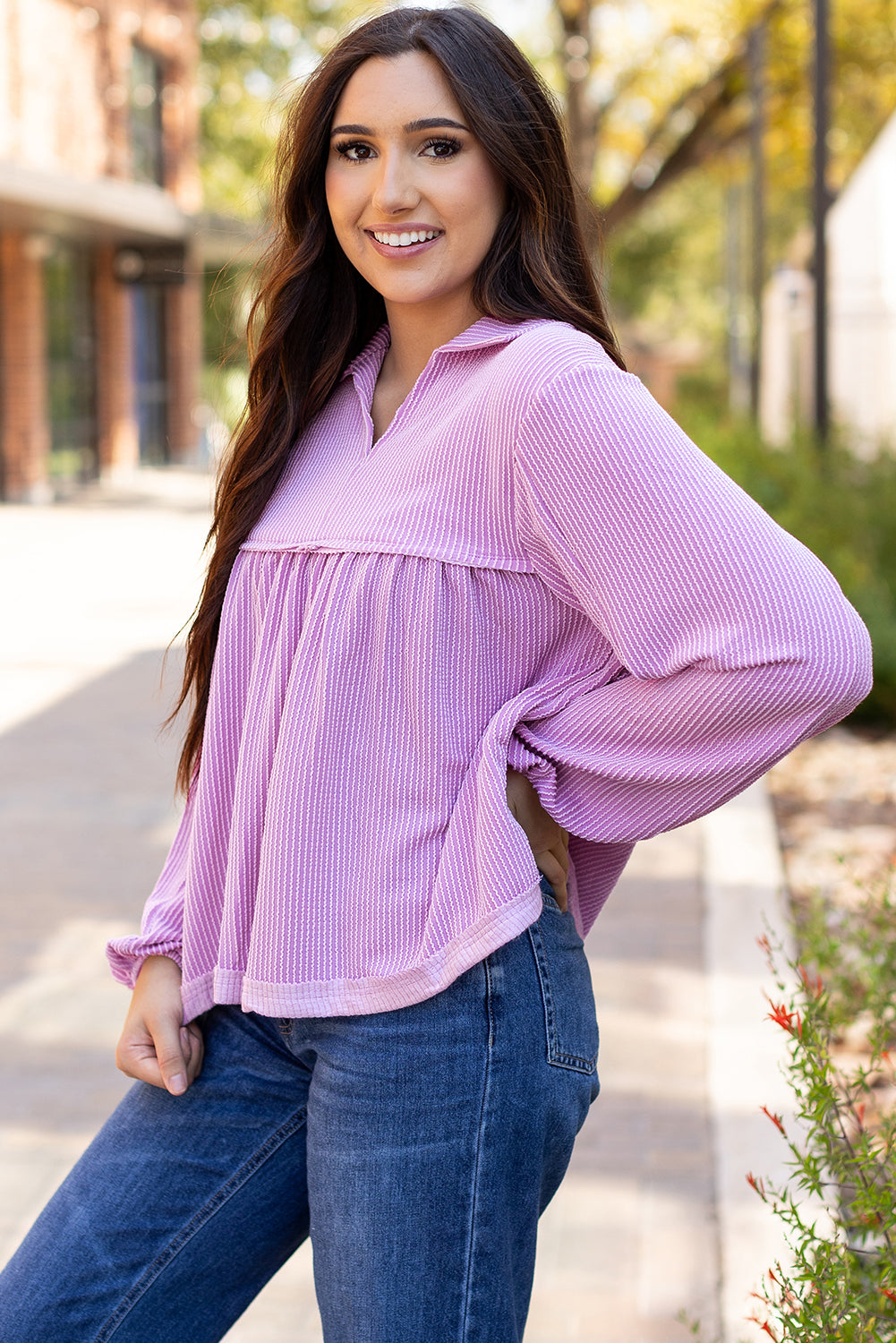 Bright Pink Corded Turn-down V Neck Bubble Sleeve Babydoll Blouse