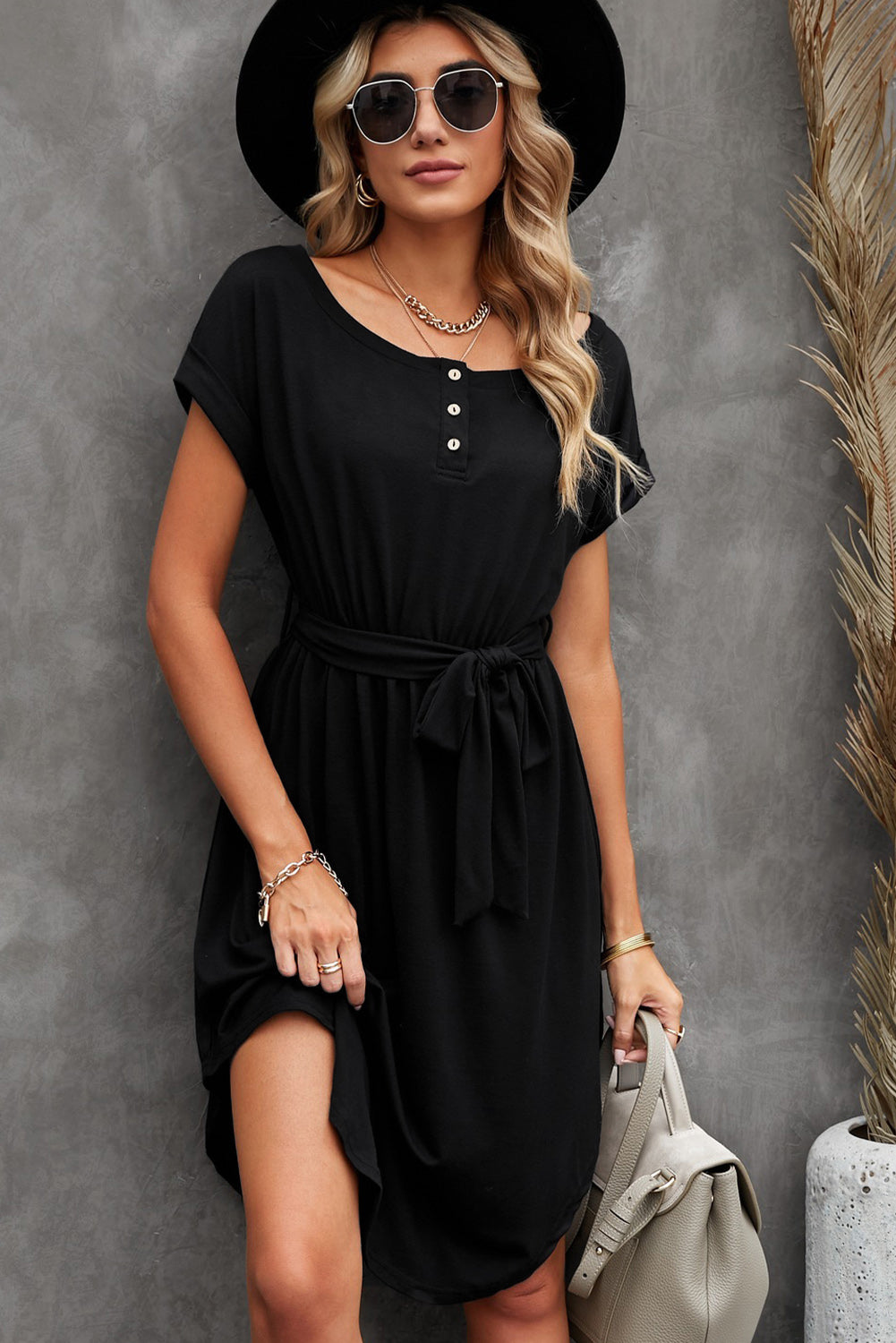 Buttons Crewneck Lace-up High Waist Mini Dress