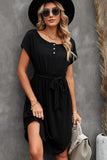 Buttons Crewneck Lace-up High Waist Mini Dress