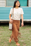 Fringe Asymmetric Wrap Suede Midi Skirt