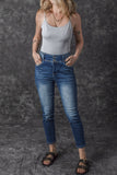 Jean skinny taille haute bleu délavé vintage à deux boutons 