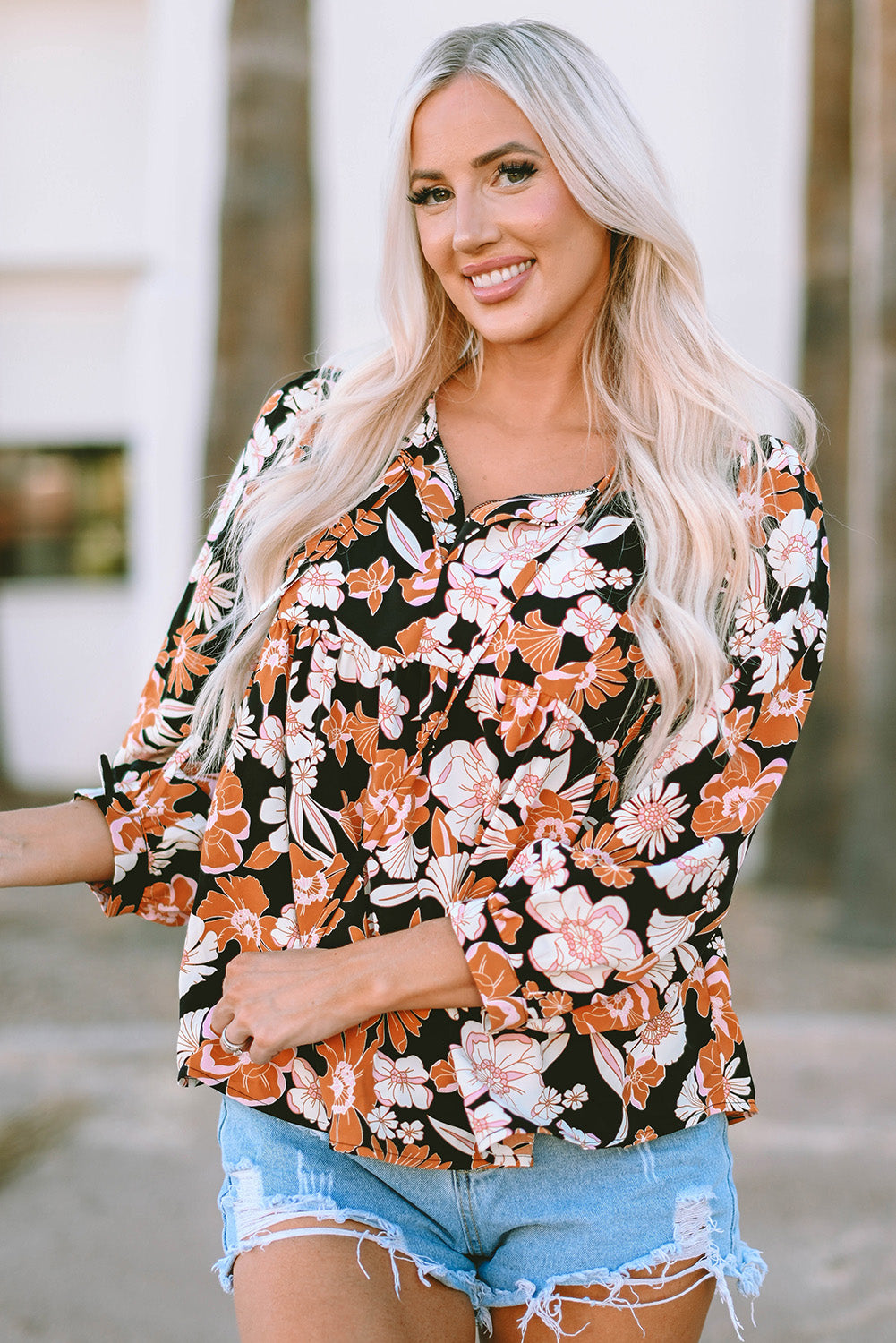 Floral Print 3/4 Sleeve Babydoll Blouse