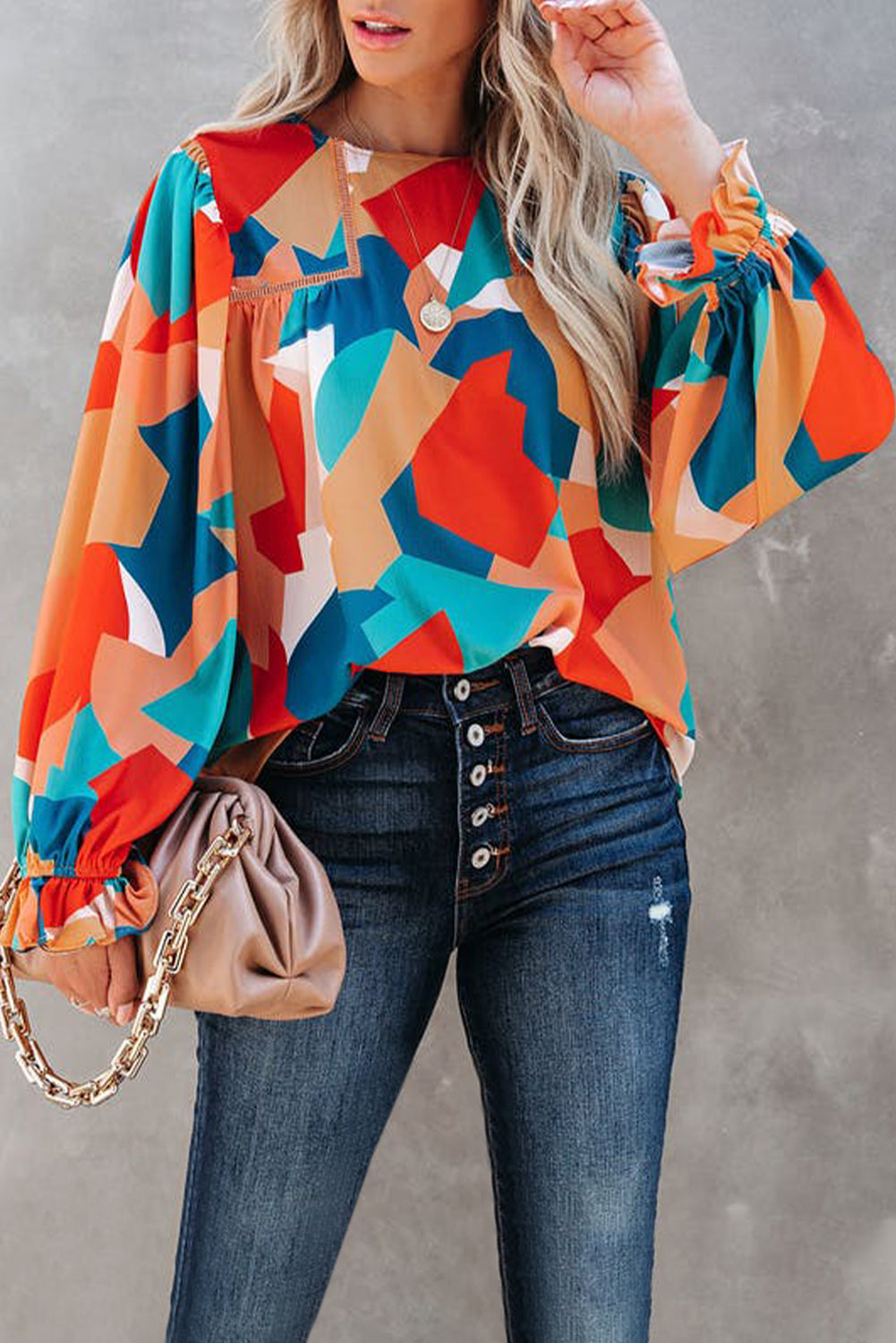 Abstract Pattern Crewneck Ruffled Puff Sleeve Blouse