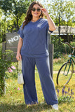 Sail Blue Ribbed V Neck Tee and Pants Plus Size Set