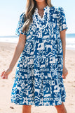 Blue Ricrac Trim Split Neck Floral Loose Dress