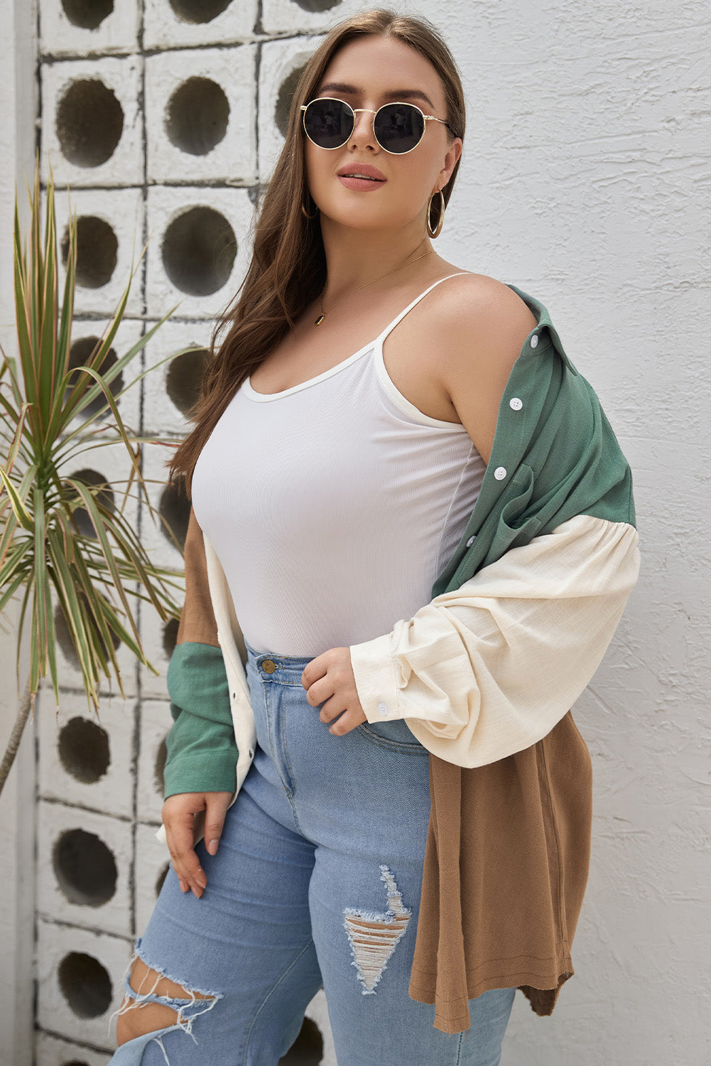 Colorblock Raw Edge Plus Size Shirt