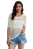 Fishnet Knit Ribbed Round Neck Short Sleeve Sweater Tee