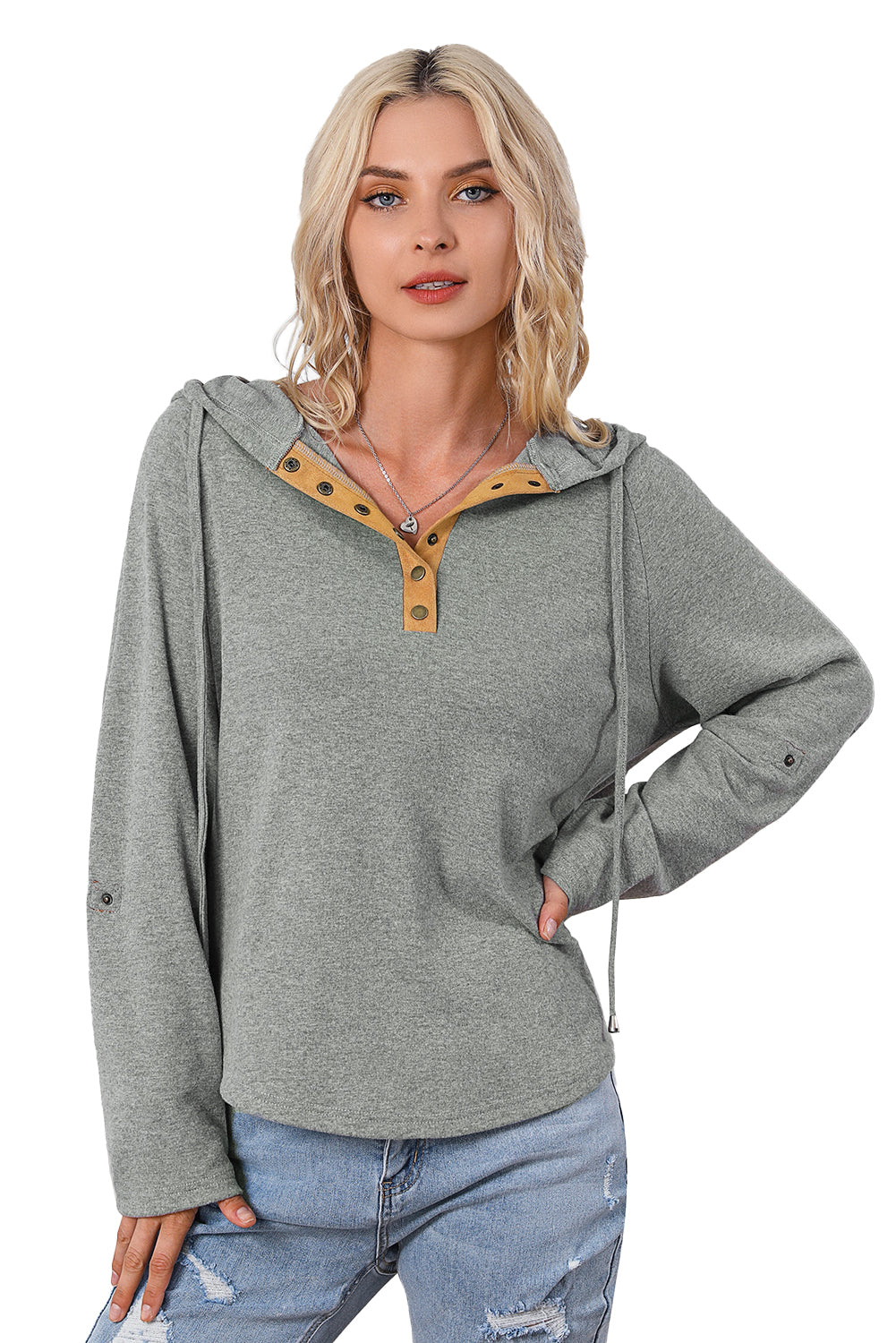 Quarter Buttoned Drawstring Pullover Hoodie