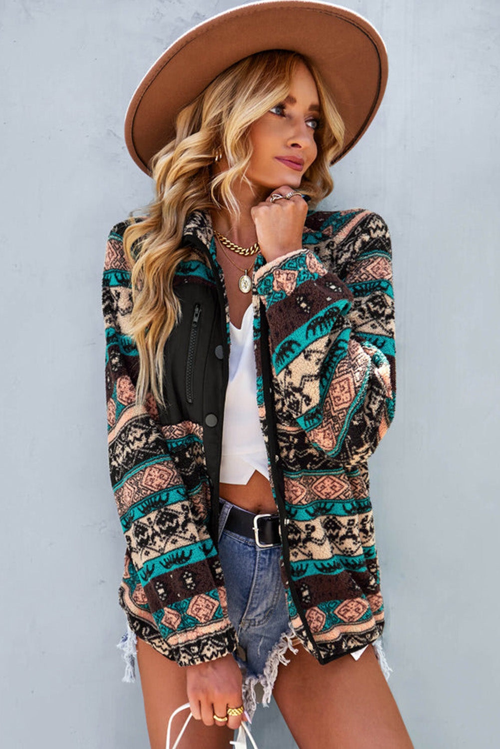 Western Colorblock Snap Buttoned Sherpa Jacket