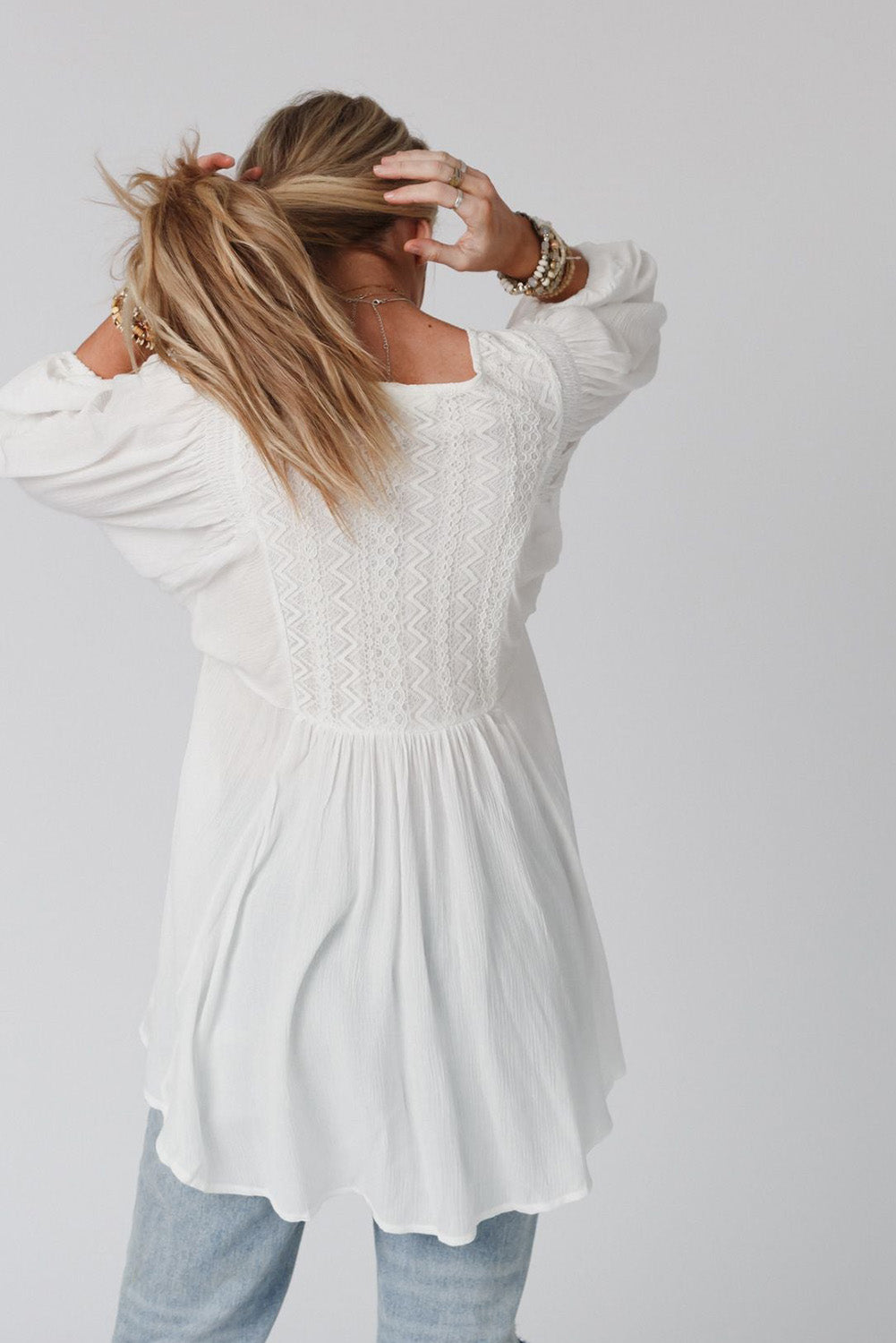 Lace V-Neck Bracelet Sleeve Ruffle Blouse