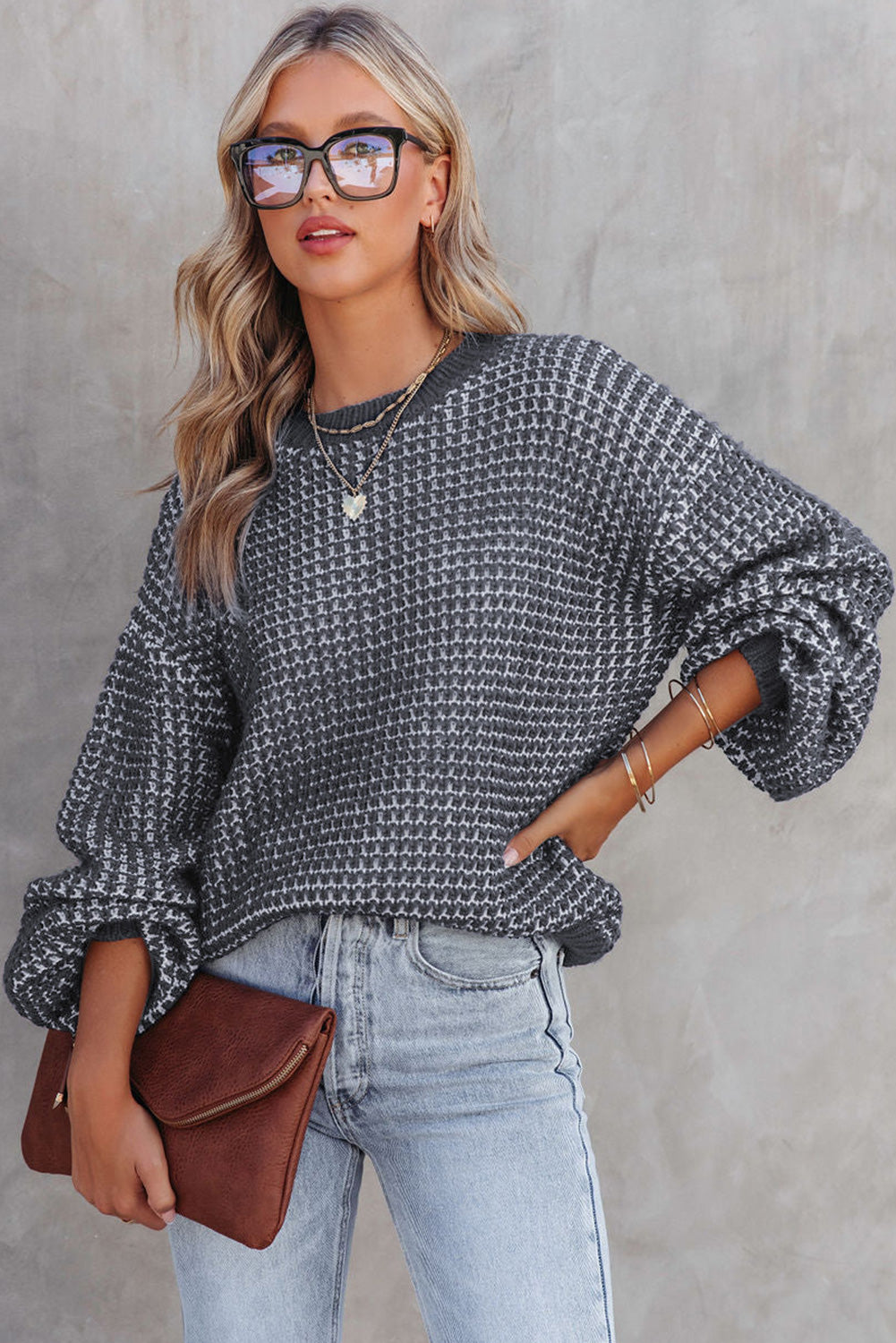 Blue Heathered Knit Drop Shoulder Puff Sleeve Sweater