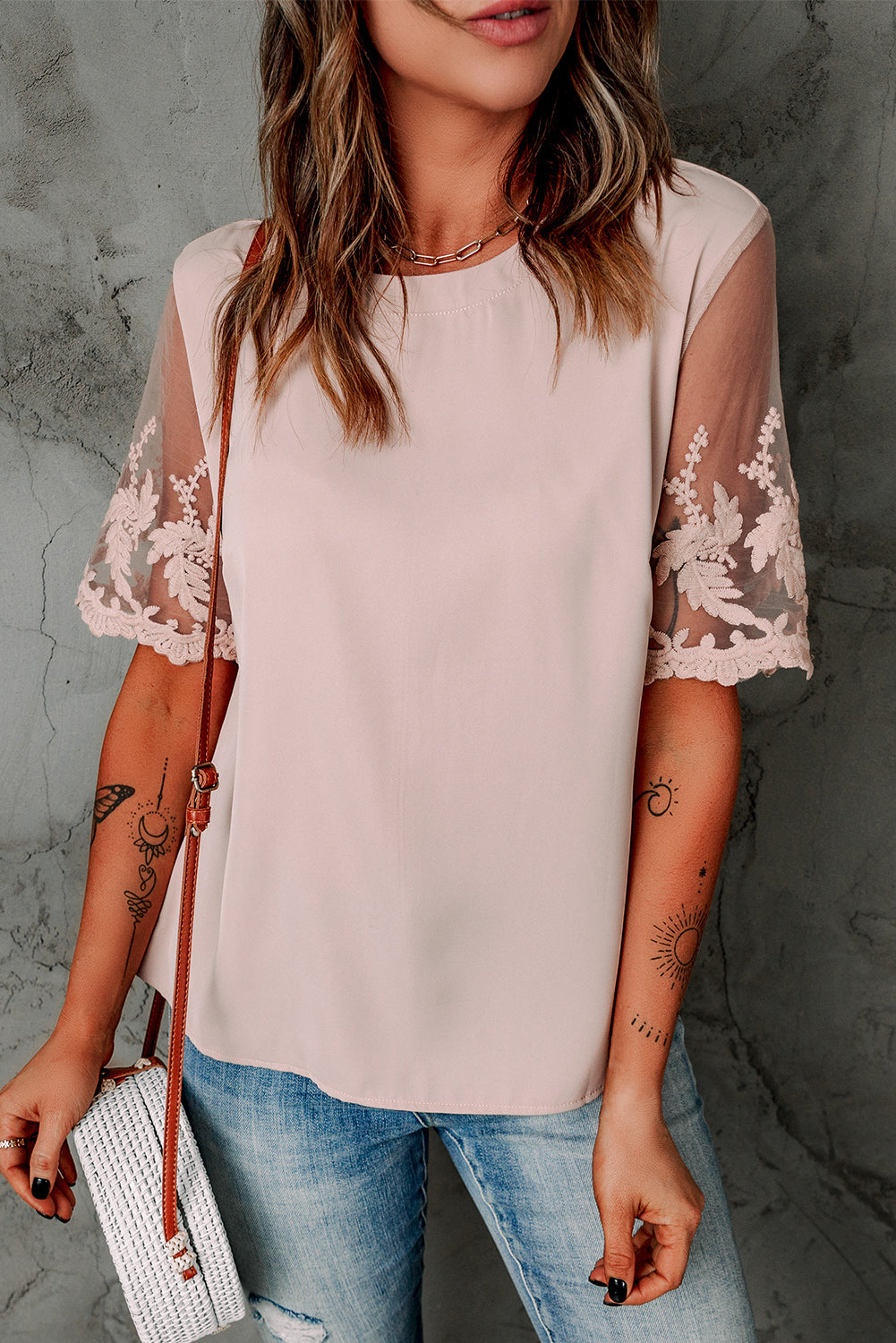 Floral Lace Sleeve Patchwork Top