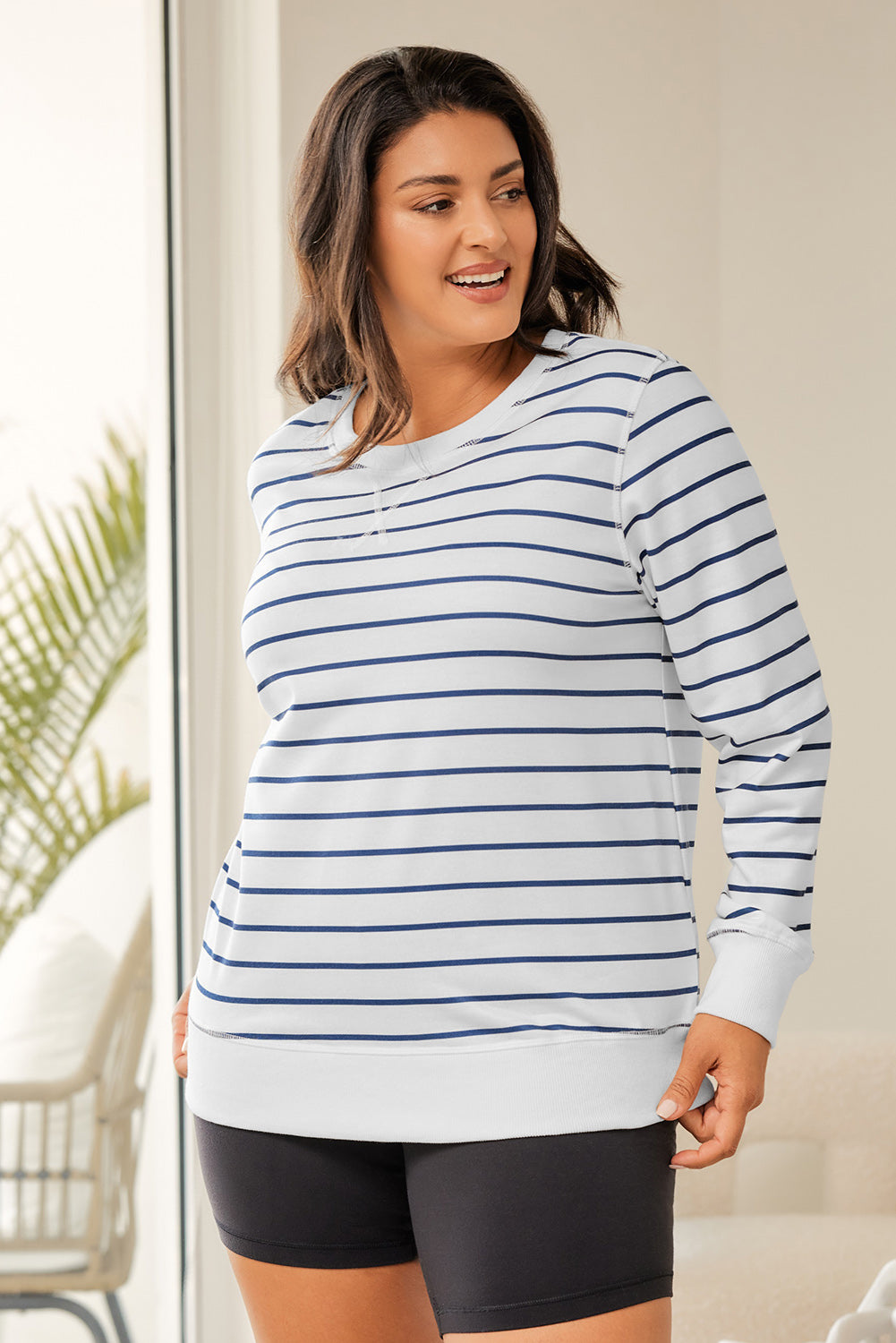 Striped Print Ribbed Trim Long Sleeve Top