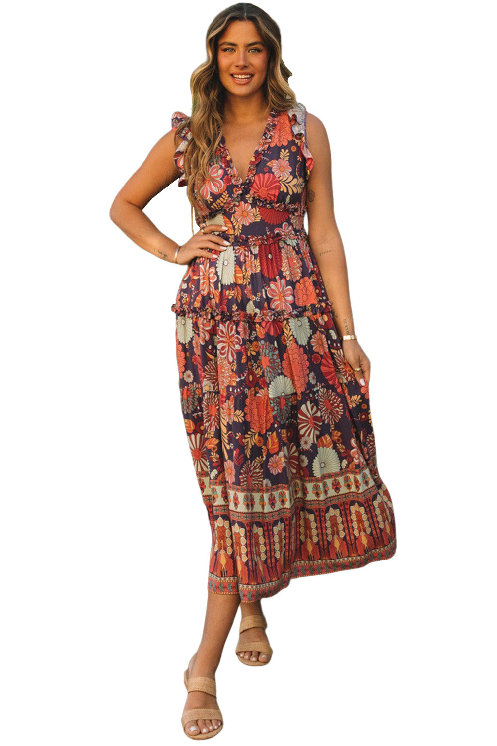 Vintage Ruffle Trim Floral Maxi Dress