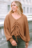 V-Neck Drawstring Dolman Sleeve Waffle Knit Top