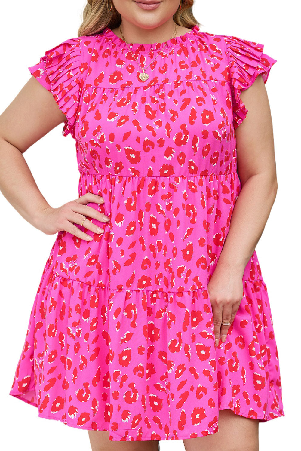 Leopard Print Frilled Sleeveless Plus Size Mini Dress