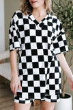 Black Checkerboard Print V Neck Loose Tee and Shorts Lounge Set