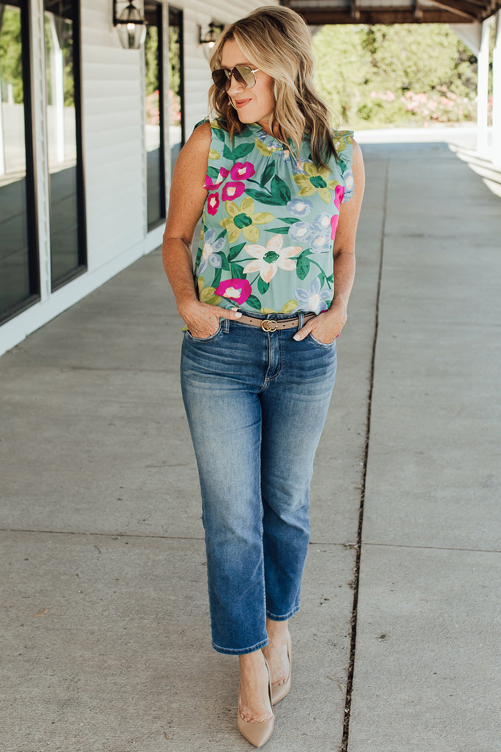 Floral Print Ruffle Trim Tank Top