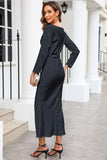 Drape Neck Tie Waist Long Sleeve Slit Dress