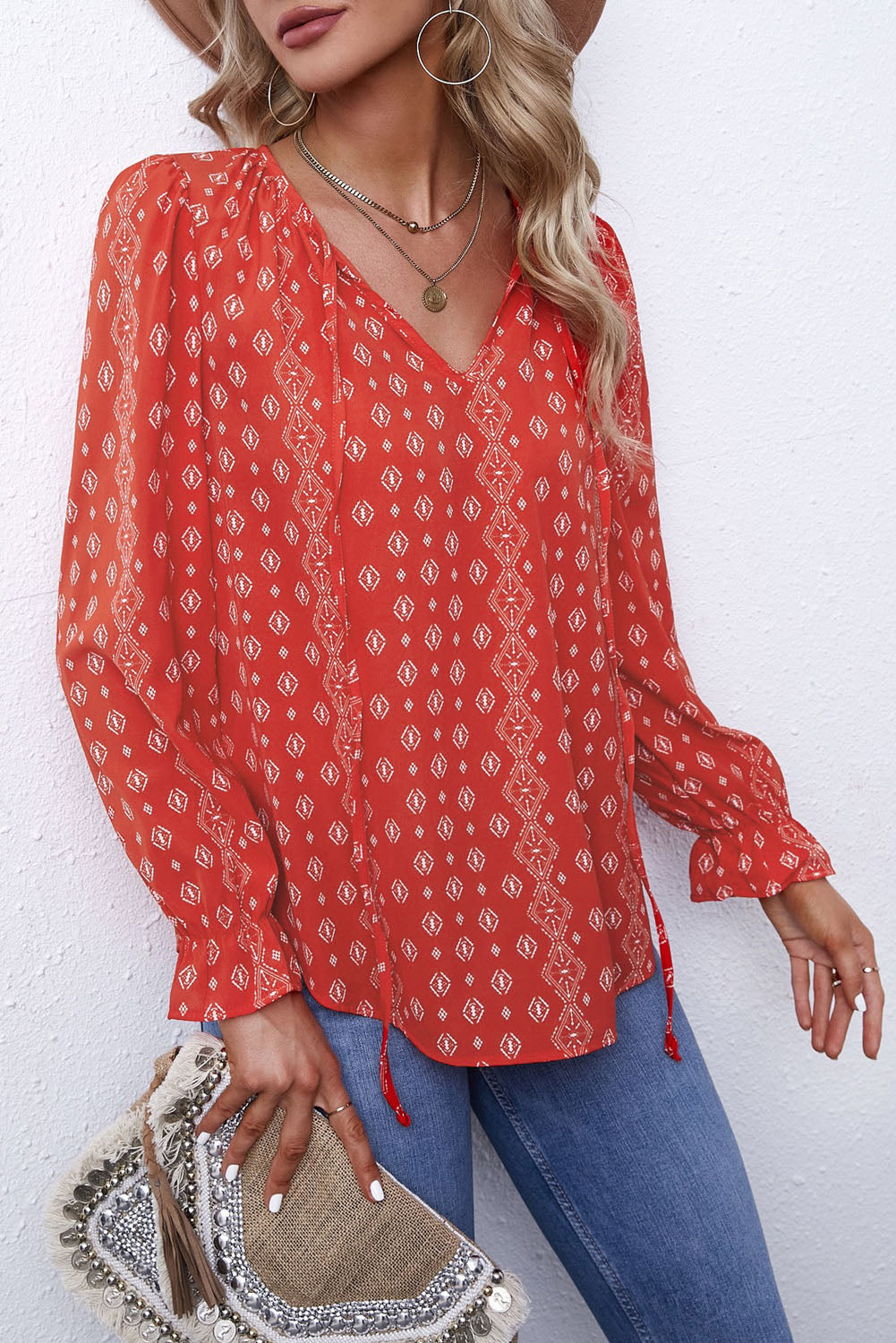 Red Printed Long Sleeve V-Neck Drawstring Shirt