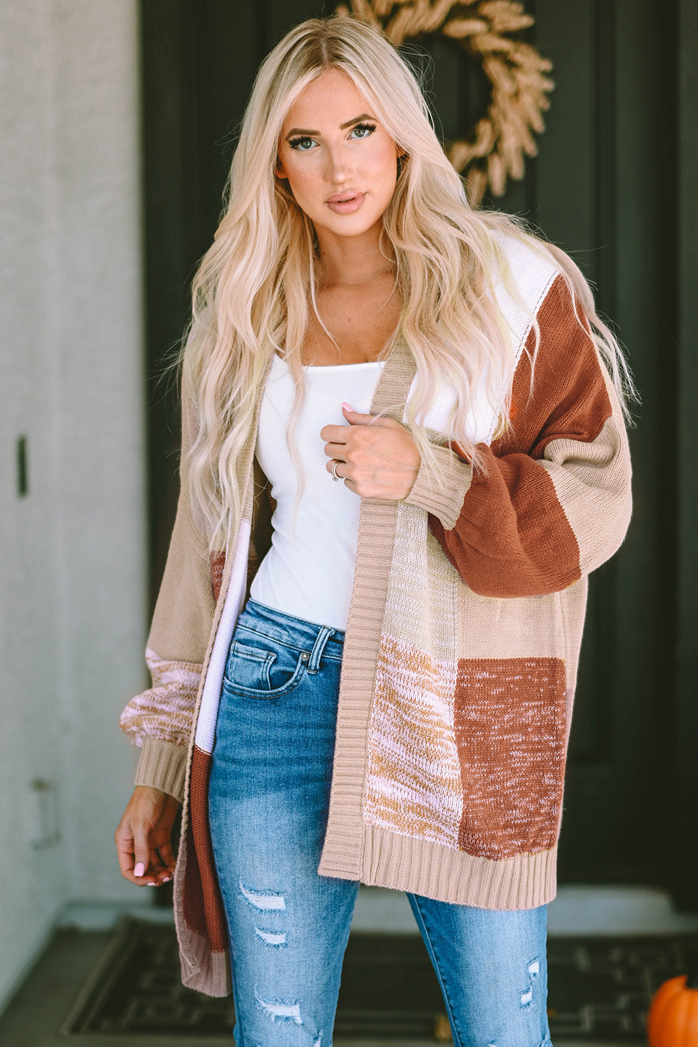 Checkered Pattern Open Front Drop Shoulder Slouchy Cardigan