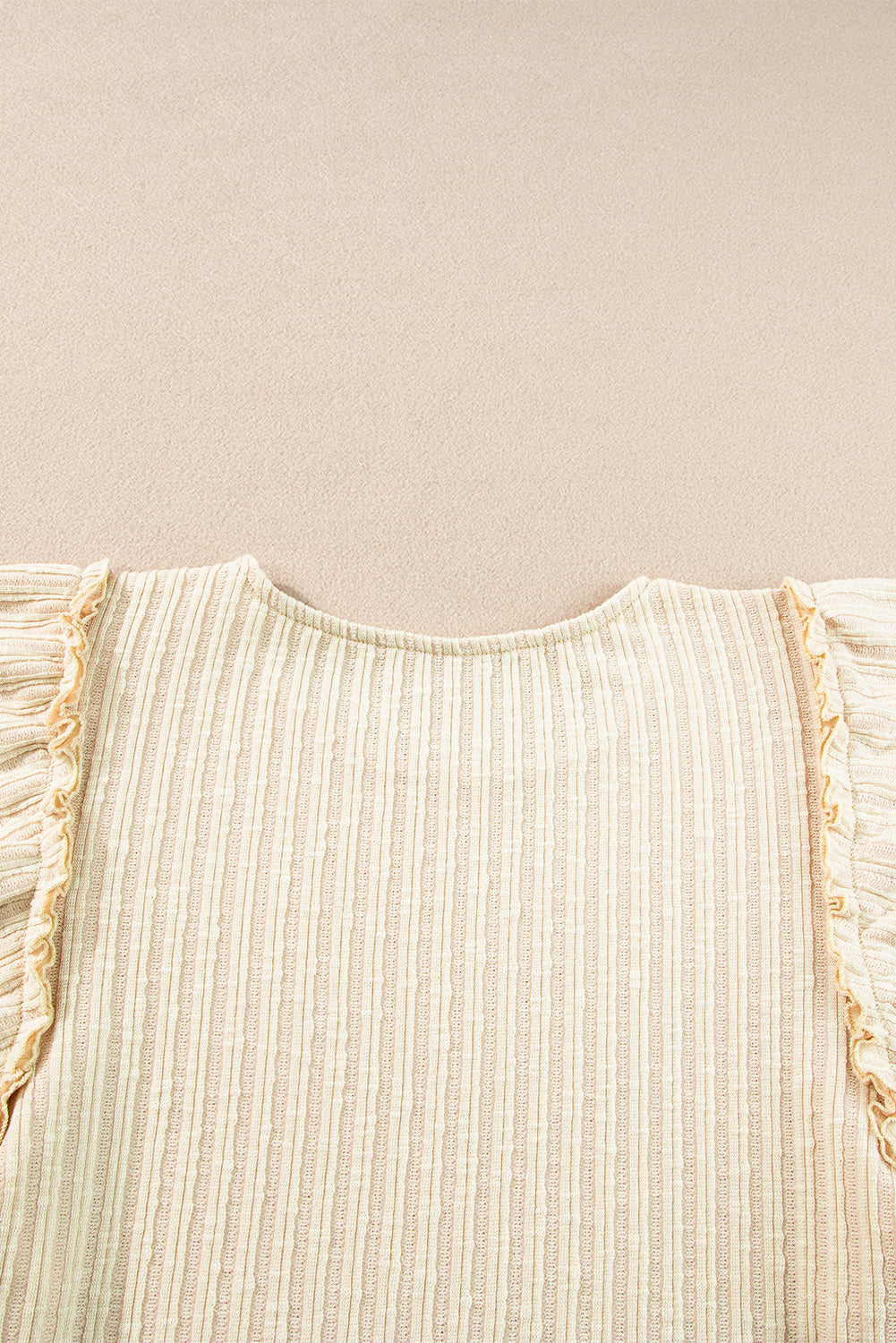 Beige Ruffled Rib Knitted Short Sleeve T Shirt