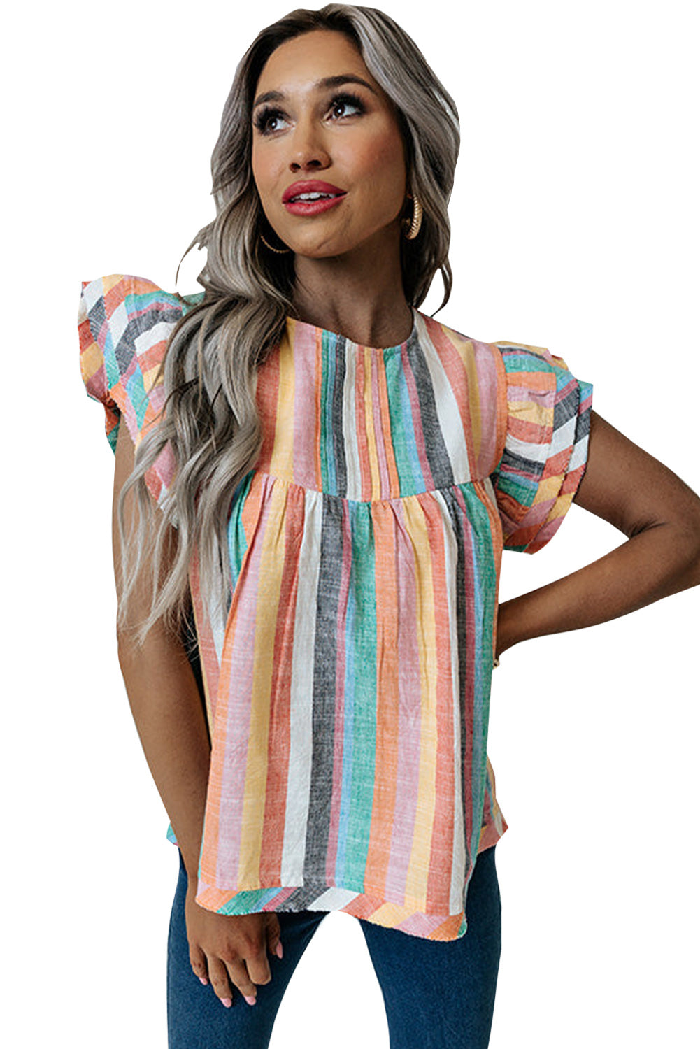 Striped Tiered Ruffle Cap Sleeve Top