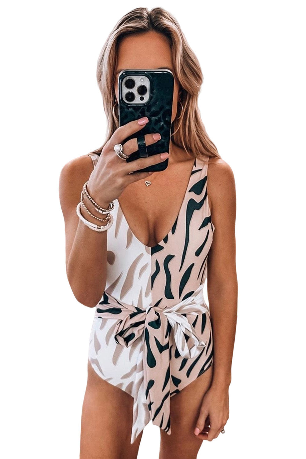 Two-tone Zebra Print One Piece Swimsuit