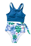 Red Sky Blue Floral Printed High Waist Waist Lace Up Bikini Set