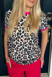 White Contrast Trim Leopard Print T Shirt