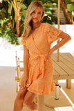 Orange Flutter Sleeve Wrap V Neck Floral Lace Short Dress