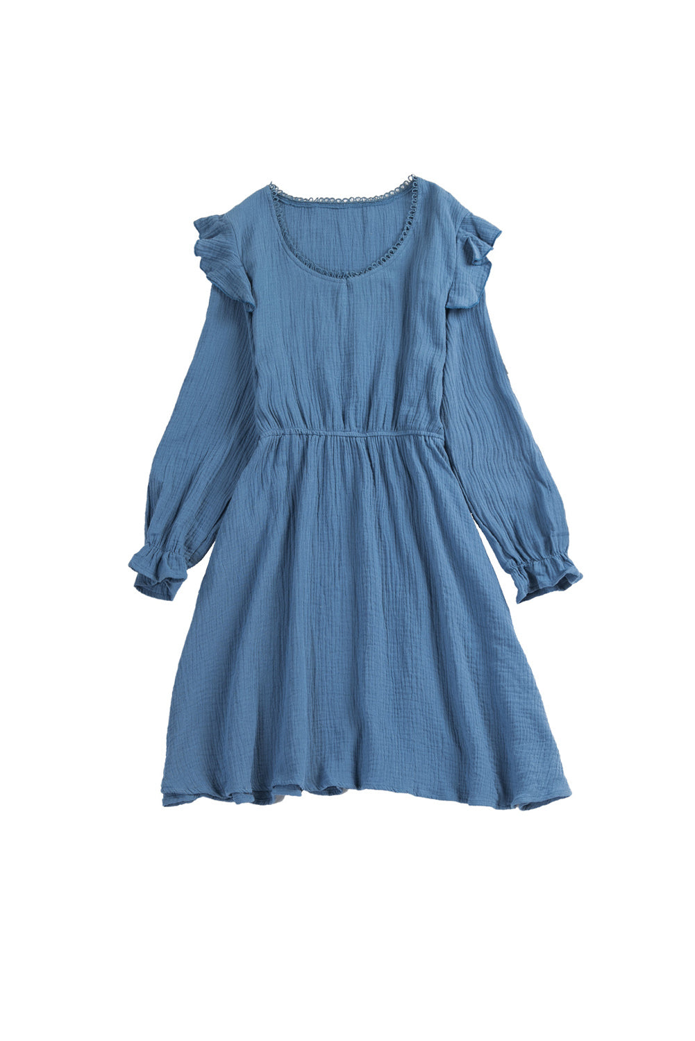 Mini-robe tunique froissée bleue à col en V et manches bouffantes