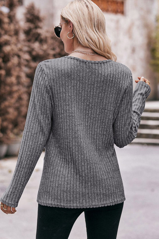 Buttoned Hem Ribbed Long Sleeve Top