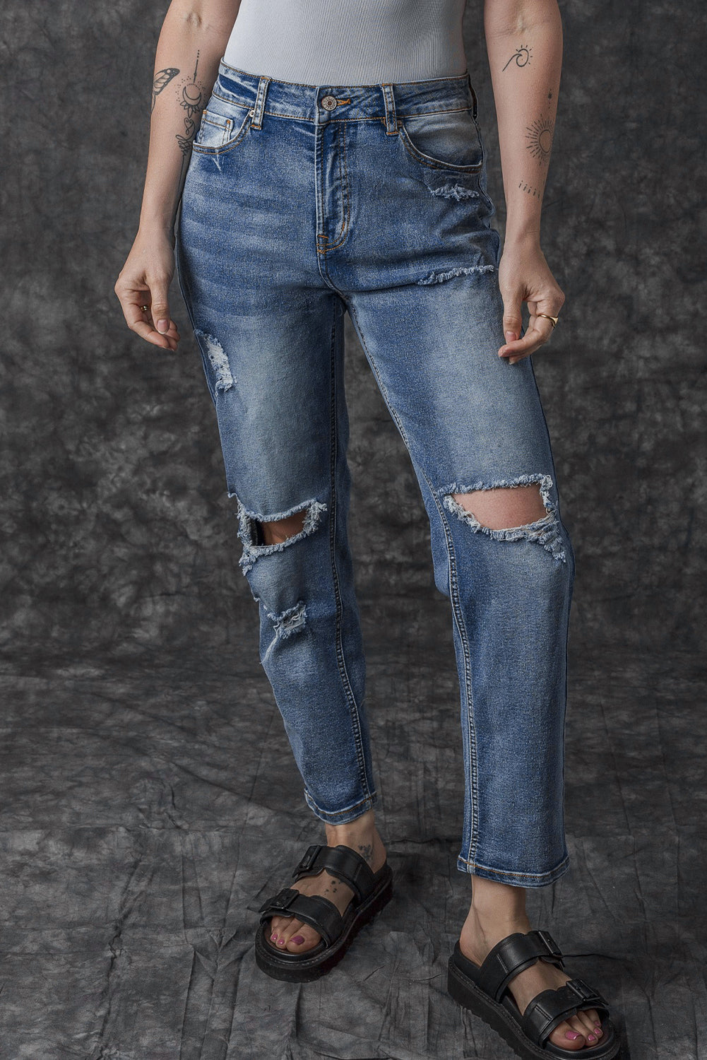 Sky Blue Open Knee Cutout Straight Leg Jeans