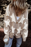 Khaki Sherpa Star Pattern Textured Sweater Cardigan with Pockets