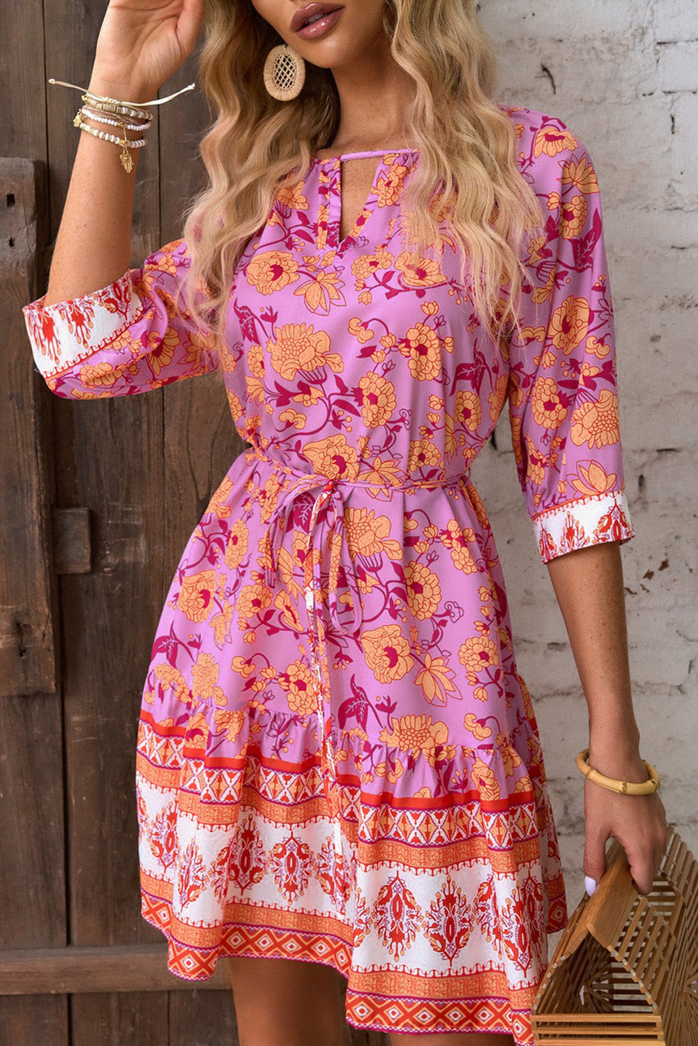 3/4 Sleeve Boho Floral Belted Mini Dress