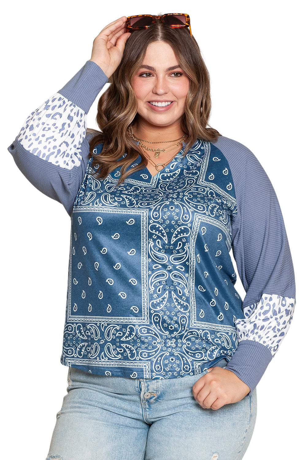 Leopard Paisley Patchwork Split Neck Plus Size Top