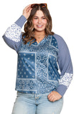 Haut Bleu Ciel Léopard Paisley Patchwork Col Fendu Grande Taille