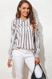 Striped Colorblock Puff Sleeve Frilled Neck Blouse