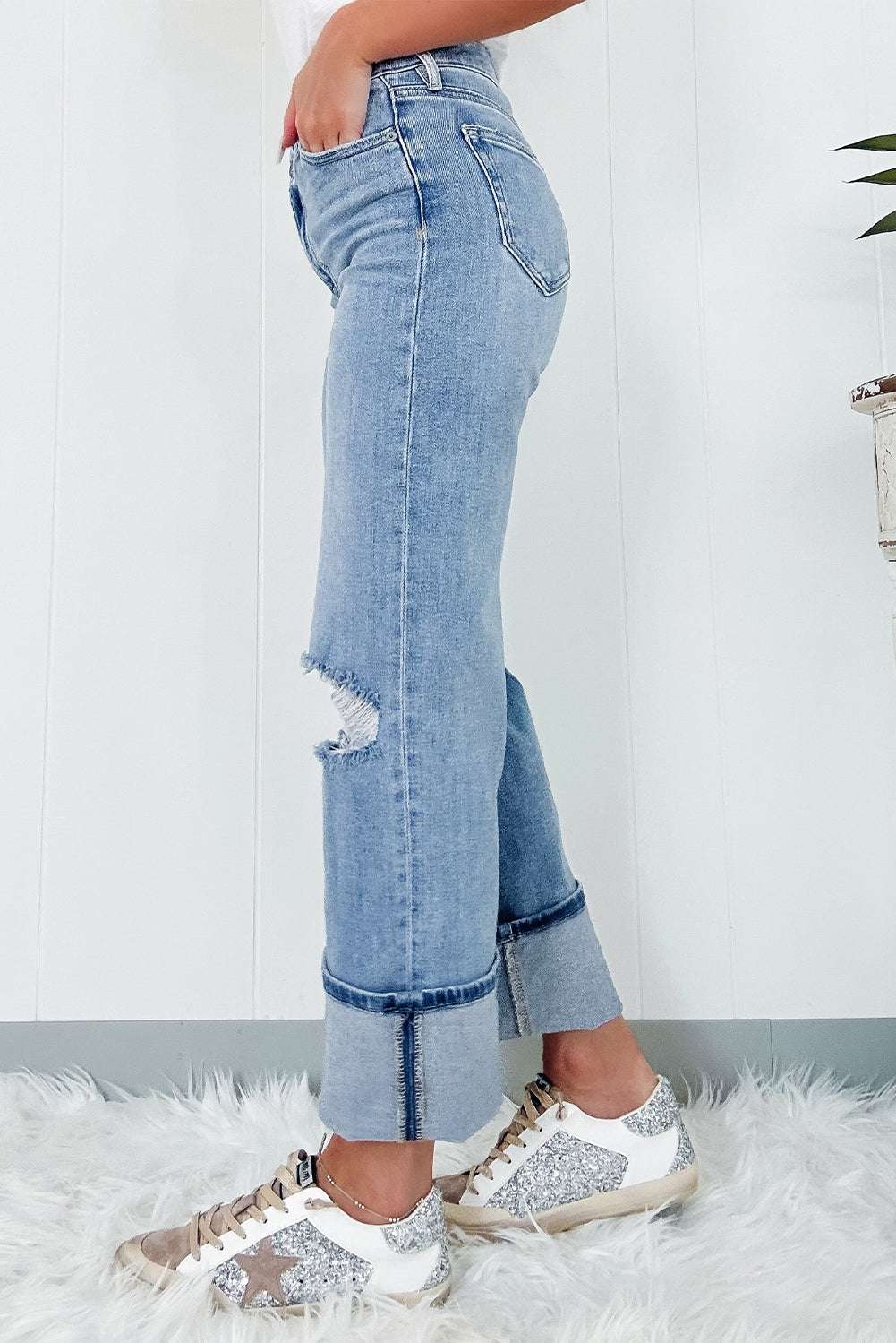 Dusk Blue High Rise Asymmetric Button Zip Fly Ripped Jeans