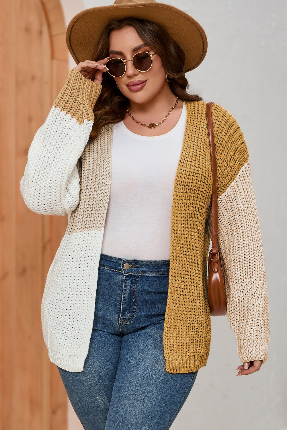 Cardigan blanc en maille bloc de couleur ouvert sur le devant grande taille