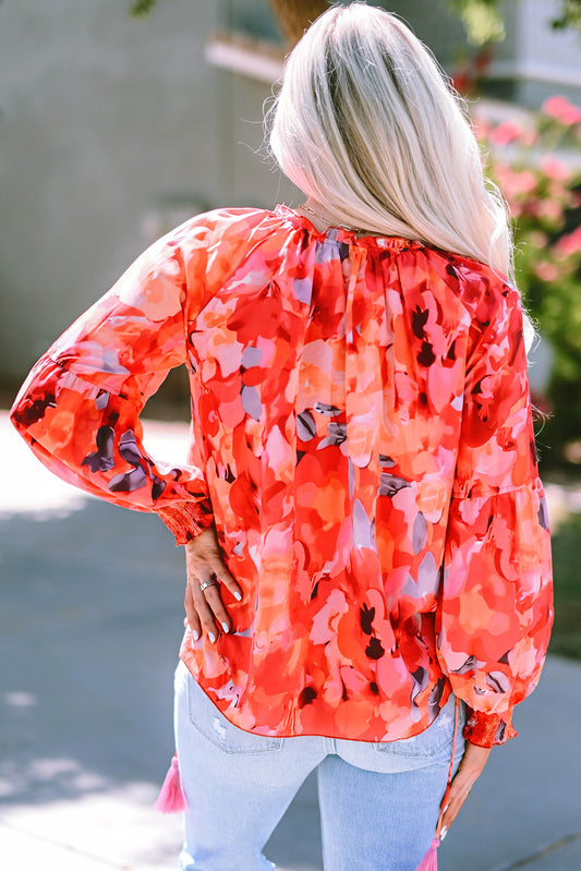 Floral Print Split Neck Tassel Tie Blouse