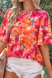 Floral Print Split Neck Tassel Tie Blouse