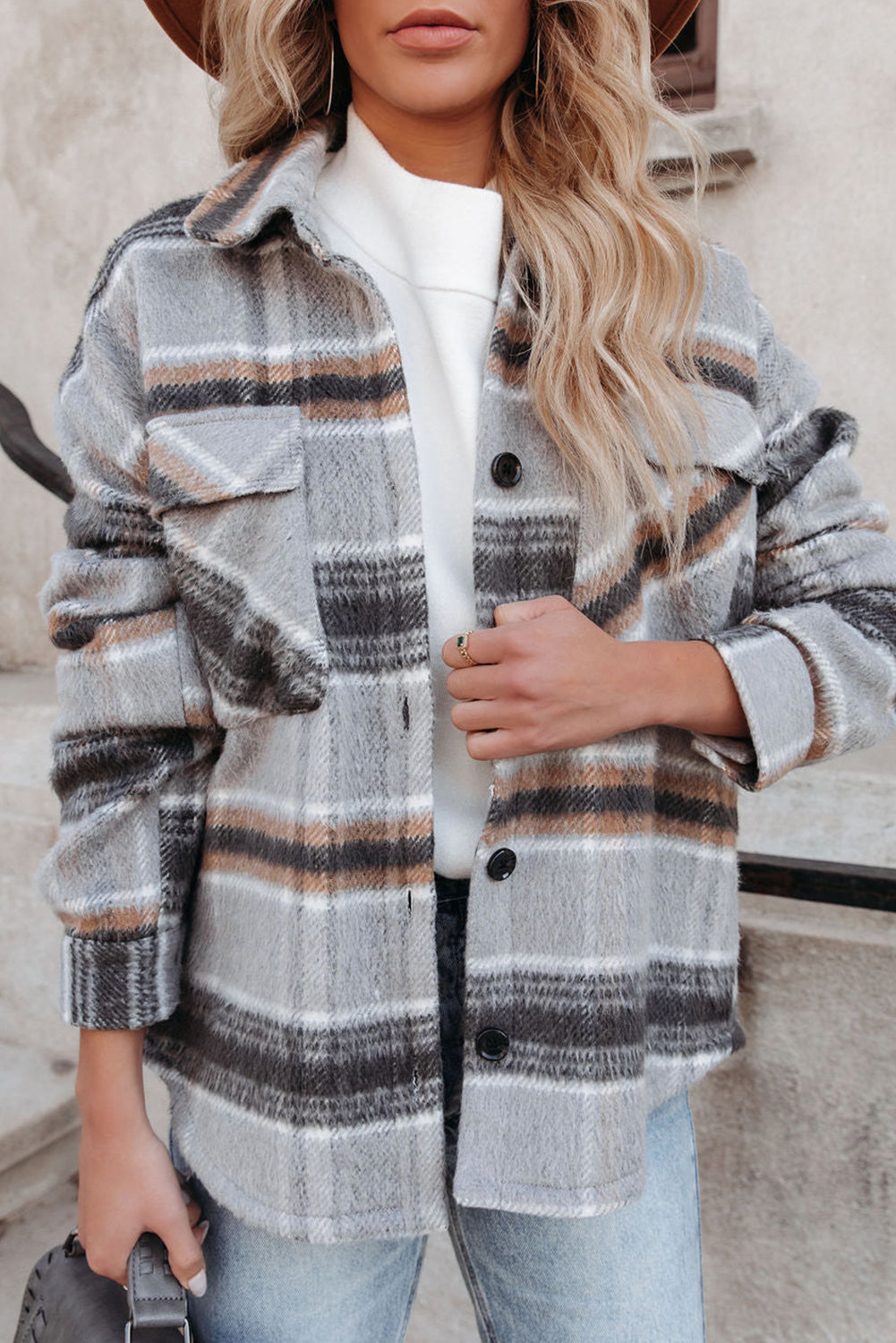 Plaid Print Pocketed Shirt Jacket