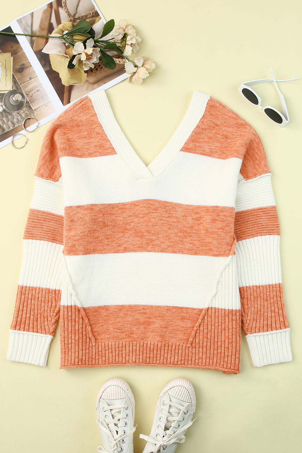 Striped V Neck Criss Cross Back Sweater