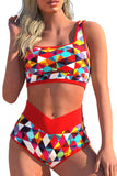 2pcs Geometric Print Notch High Waisted Bikini