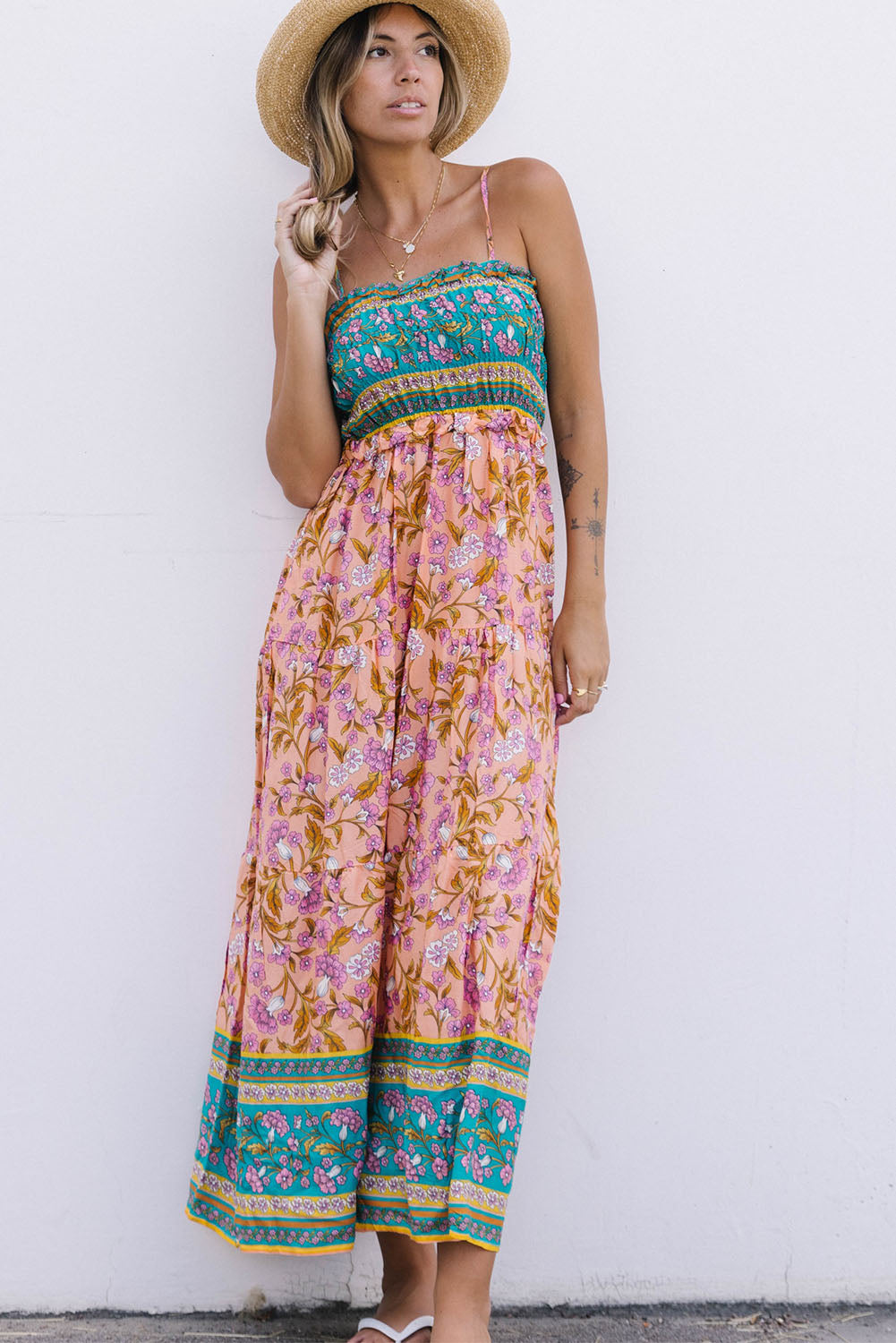 Floral Print Bodice Spaghetti Strap Maxi Dress